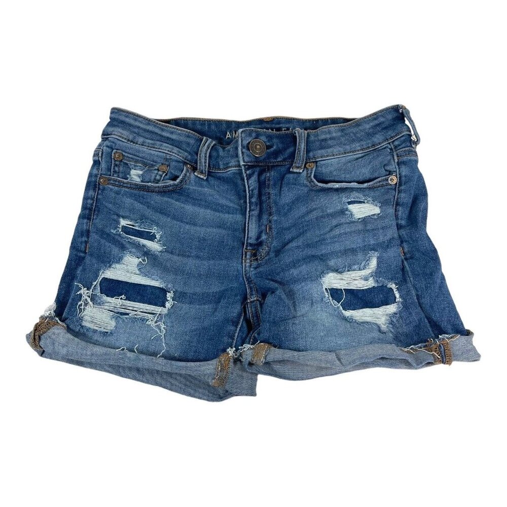 American Eagle Shorts Next Level Stretch 4 Distressed High Rise Denim Med Wash - Picture 1 of 7